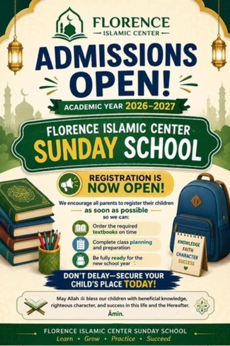 Admissions Open poster for the Florence Islamic Center Sunday School, academic year 2026–2027